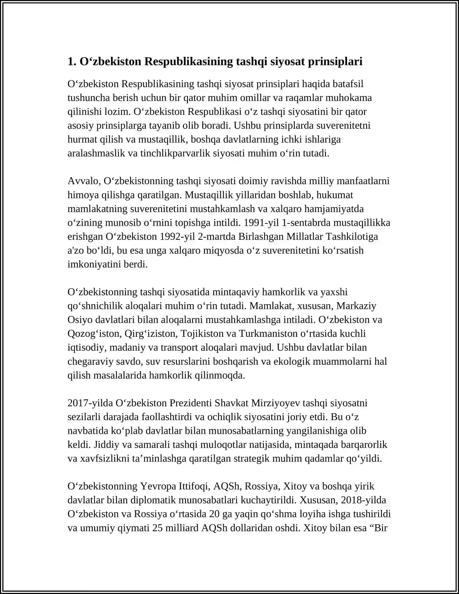 O‘ZBEKISTONNING TINCHLIKSEVAR TASHQI SIYOSATI VA UNING JAHON HAMJAMIYATI TOMONIDAN TAN OLINISHI 3