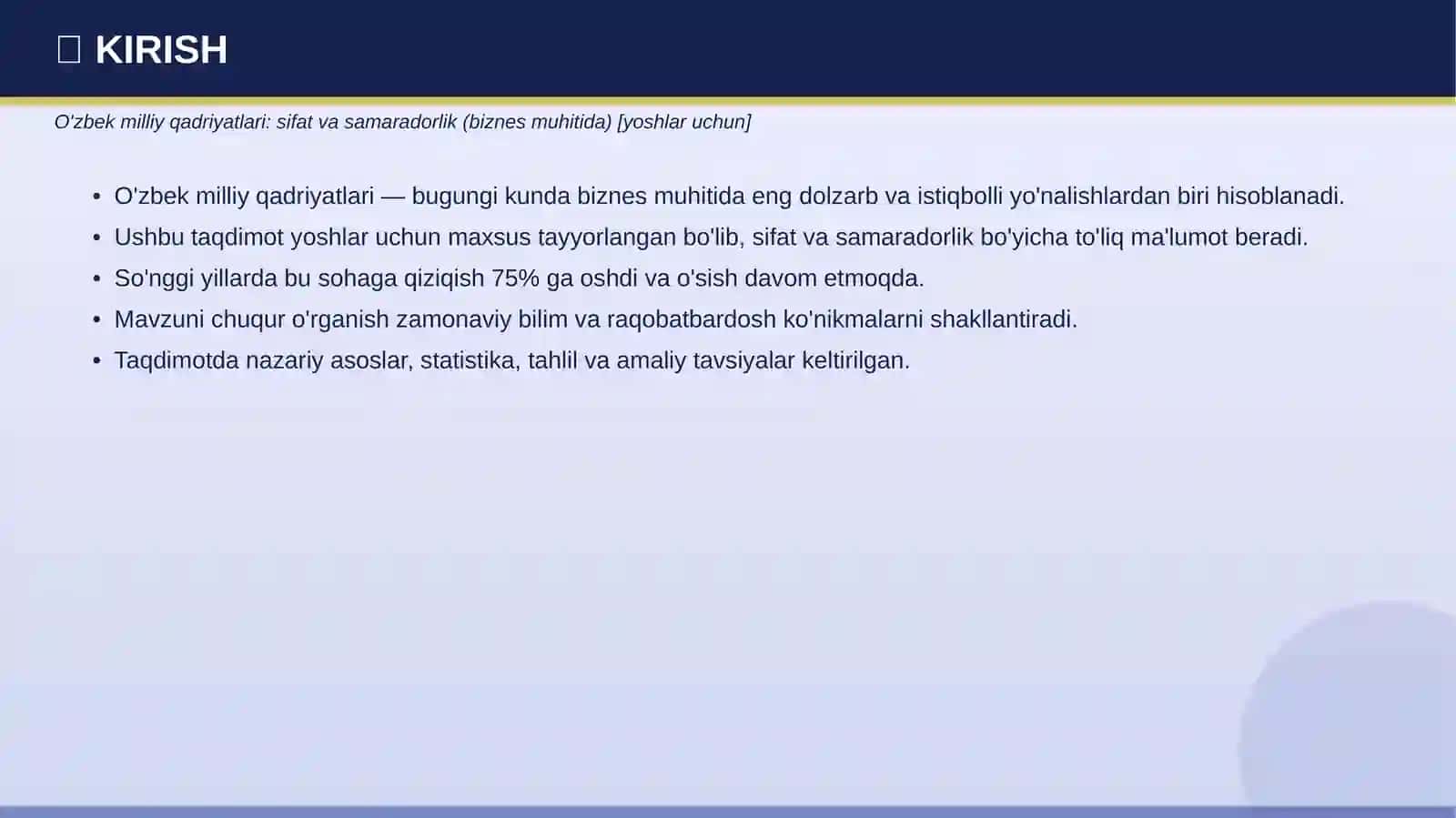 O'zbek milliy qadriyatlari: sifat va samaradorlik (biznes muhitida) [yoshlar uchun] 3