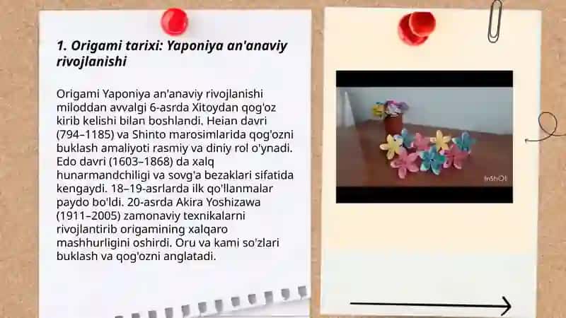 Origami tarixi.Origami sxemalarini oʻrganish. Rangli qogʻozning toʻrtburchagini buklash 3