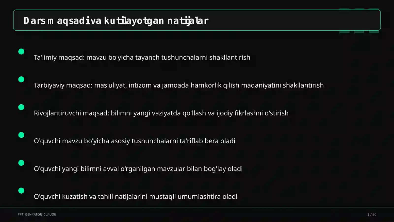 Dars tahlili: kuzatuv va baholash mezonlari 3