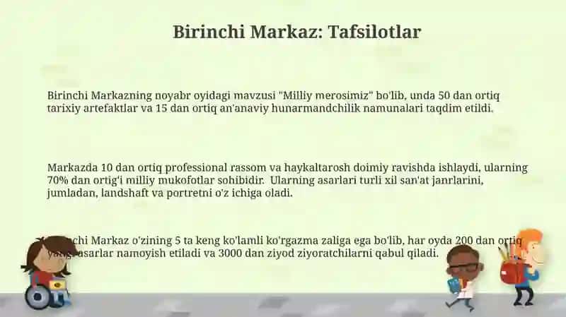 Rivojlanish markazlari turlari 5 ta rivojlantiruvchi markazlar uchun oy mavzusiga doir ko‘rgazmalar 3