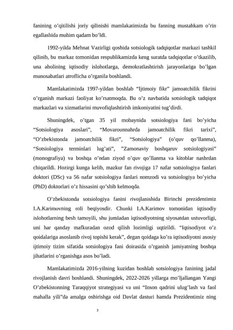 OʻZBEKISTON SOTSIOLOGLARINING SOTSIOLOGIK QARASHLARI: FALSAFA DOKTORI (PhD)FARFIEV BAXROMJON ATXAMDJANOVICHNING SOTSIOLOGIYAGA QOʻSHGAN HISSASI 3