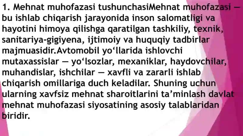 Avtomobil yo‘llarining ekspluatatsiyasi qilishda mehnat muhofazasi va xavfsizlik texnikasi 3