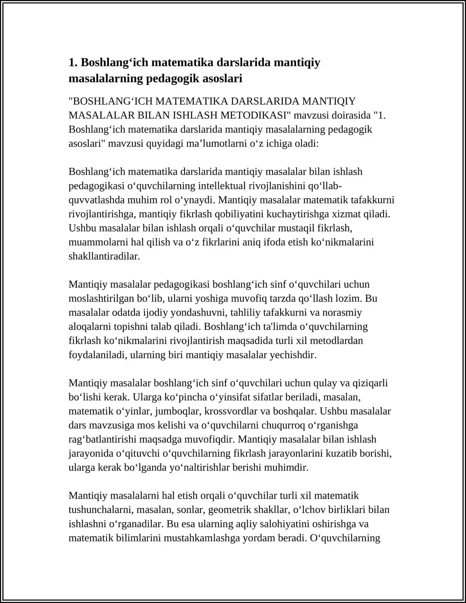 BOSHLANG‘ICH MATEMATIKA DARSLARIDA MANTIQIY MASALALAR BILAN ISHLASH METODIKASI 3