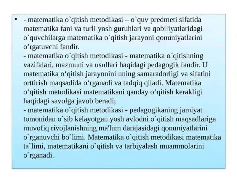 Matematika o'qitish metodikasi predmeti va fani shakllanishi tarixi 3