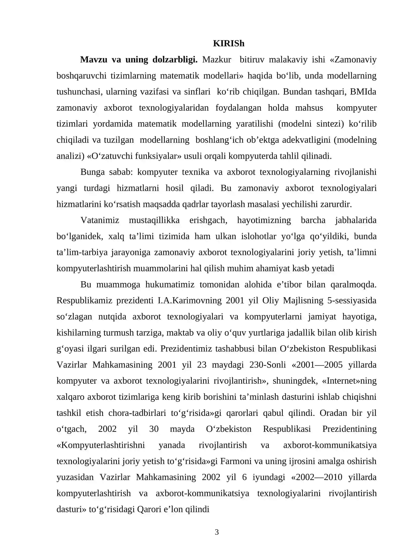Zamonaviy boshqaruvchi tizimlarning matematik modellari. BMI 3