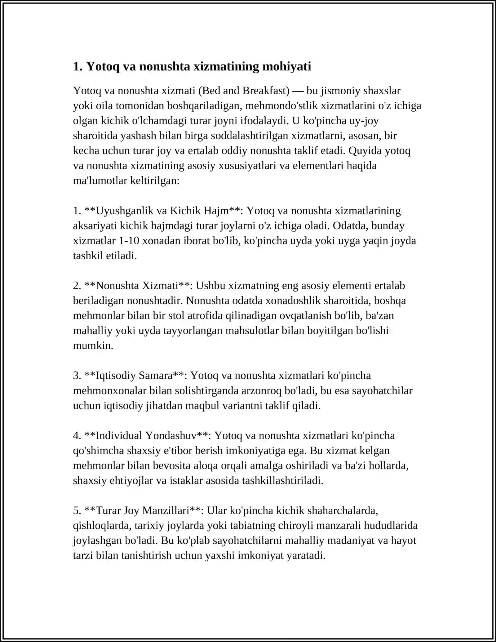 "BED AND BREAKFAST" TIZIMI: FAOLIYAT TAMOYILLARI 3