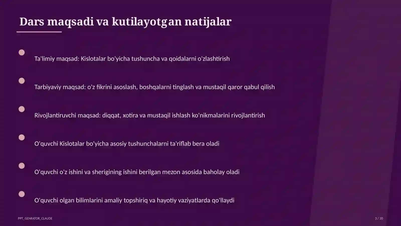 Kislotalar (8-sinf) Kimyo (7–11) — metodik birlashma uchun 3