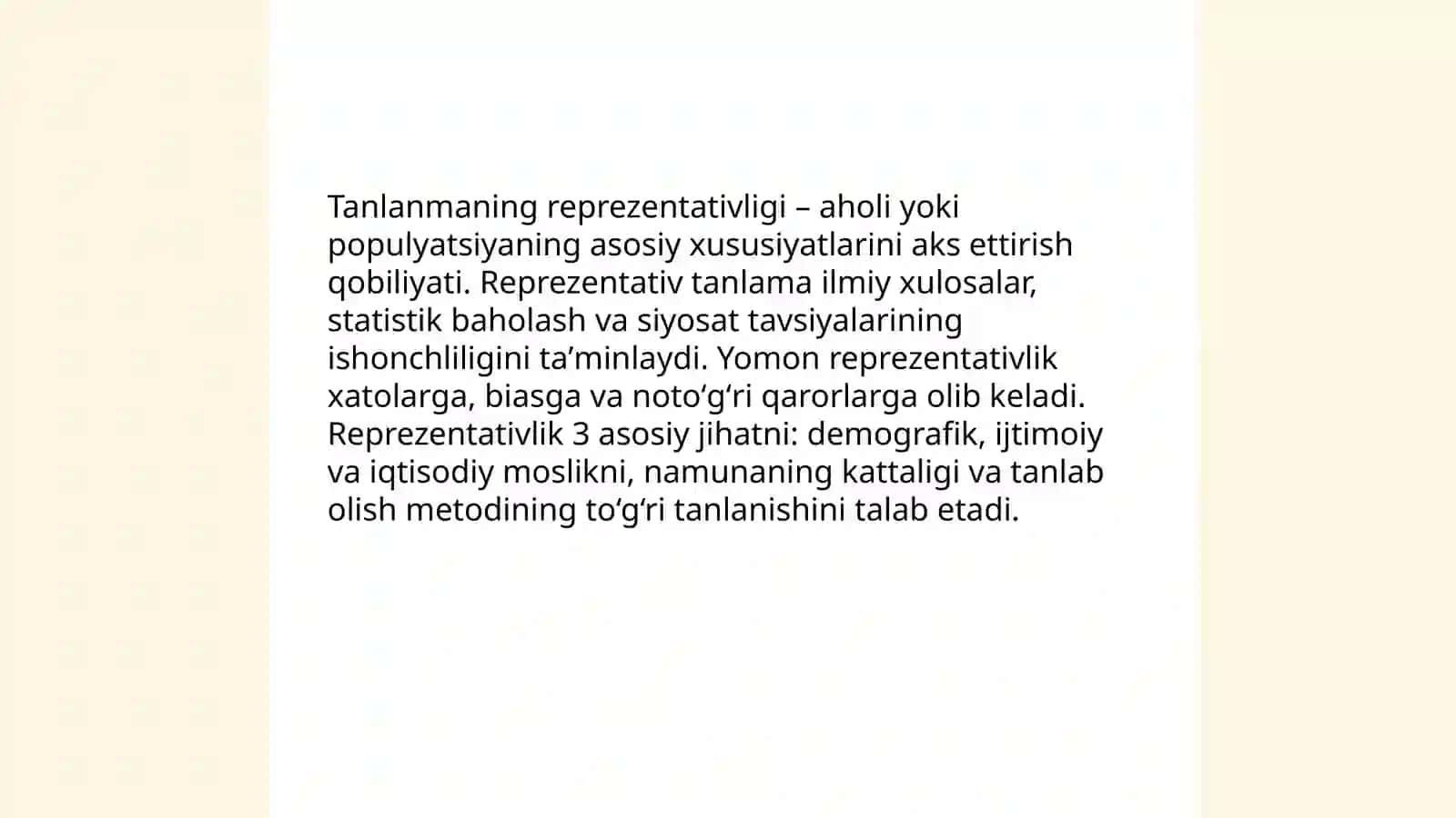 Tanlanmaning reprezentativligi va uni hosil qilish usullari 3