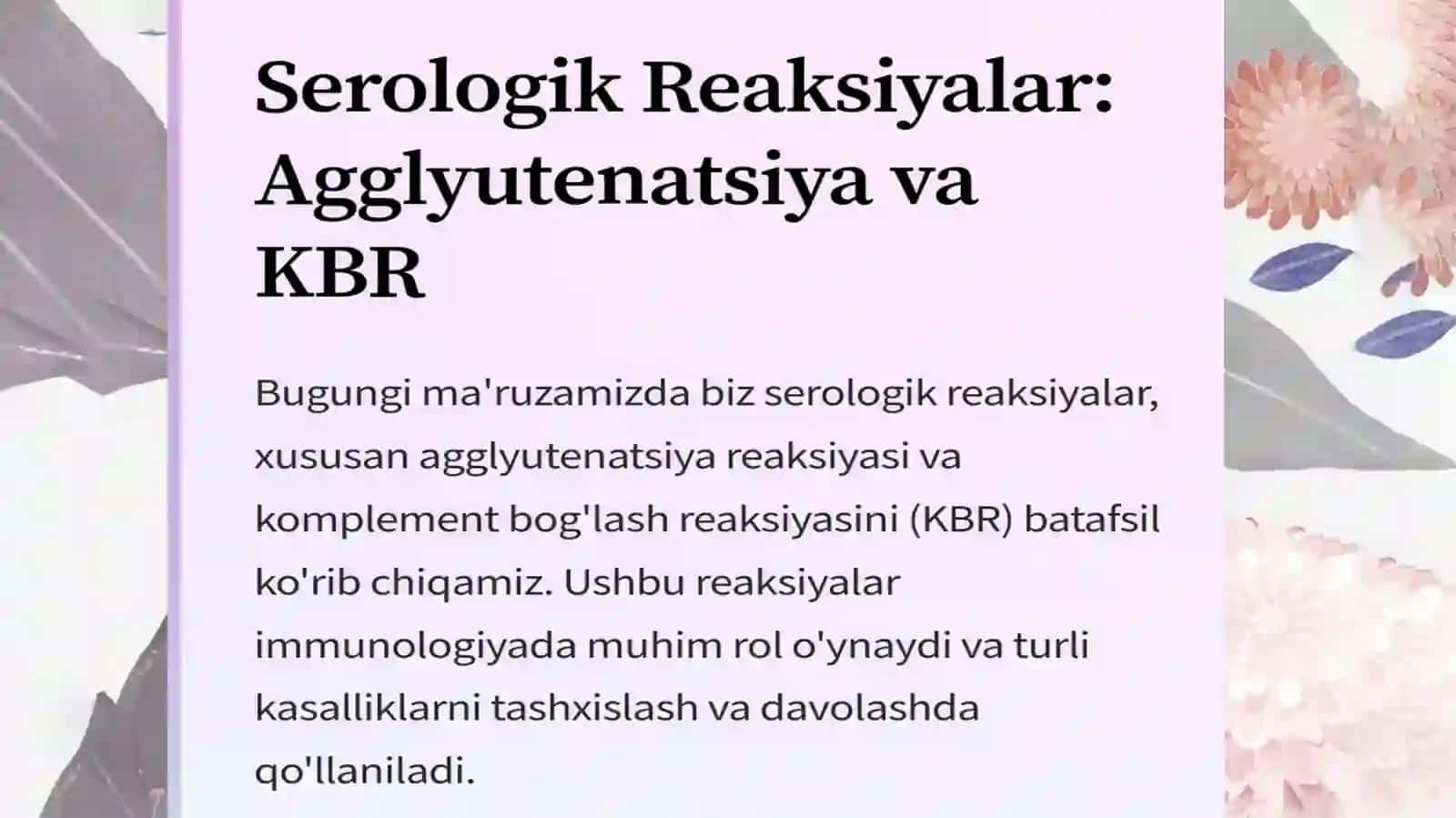 Serologik reaksiyalar: agglyutenatsiya reaksiyalar KBR, gemmagglyutinatsiya presiptatsiya reaksiyalar, immunoflyuoristensiya, bakterioliz reaksiyasi 3