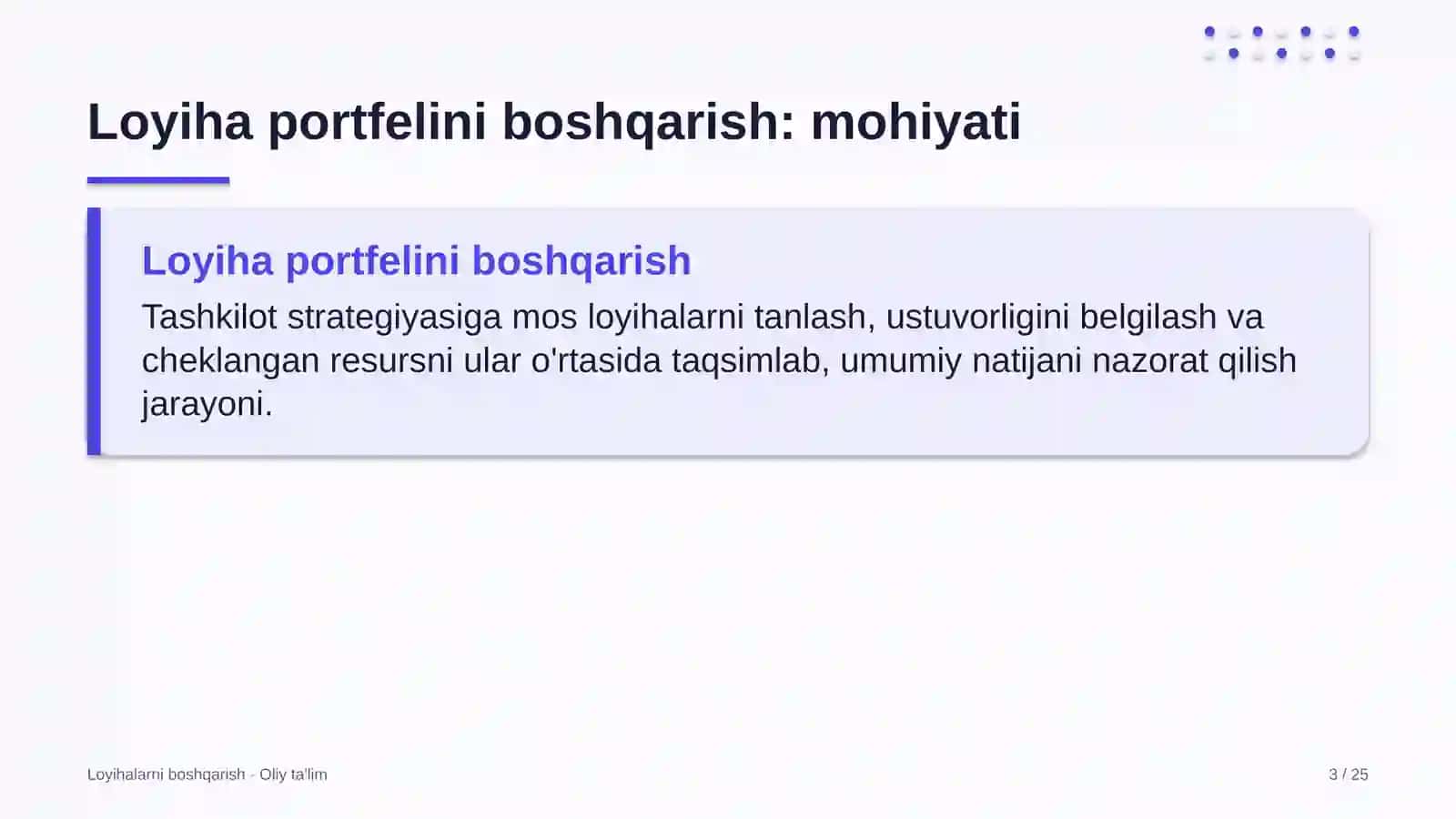 Loyihalarni boshqarish · Oliy ta'lim 3