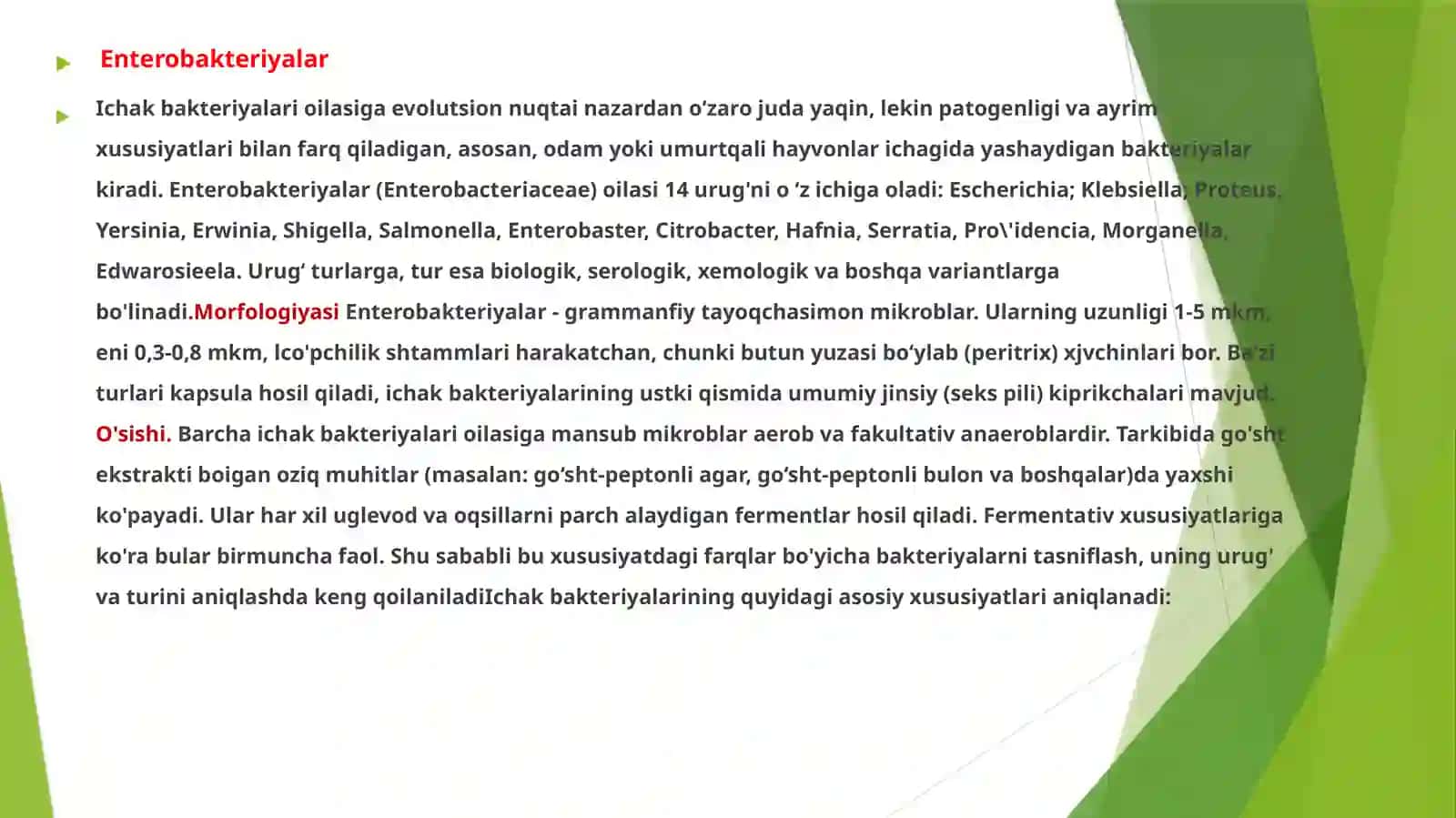 Bakterial tabiatli ichak infeksiyalarining qo‘zg‘atuvchilari enterobakteriyalar. Taksonomiyasi. Asosiy biologik xususiyatlari, inson patologiyasidagi roli. Koliinfeksiyalar, iyersiniozlar mikrobiologik diagnostikasi, maxsus profilaktikasi. 3
