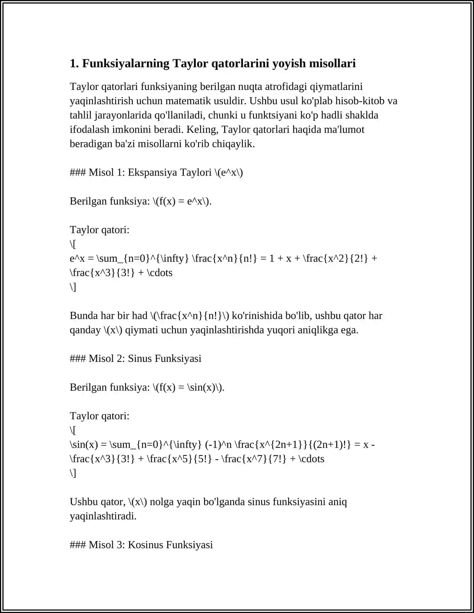 @PIC FUNSIYALARNI TEYLOR VA MAKLOREN QATORLARINI YOYISHGA MISOLLAR. LAPITAL QOIDASI 3