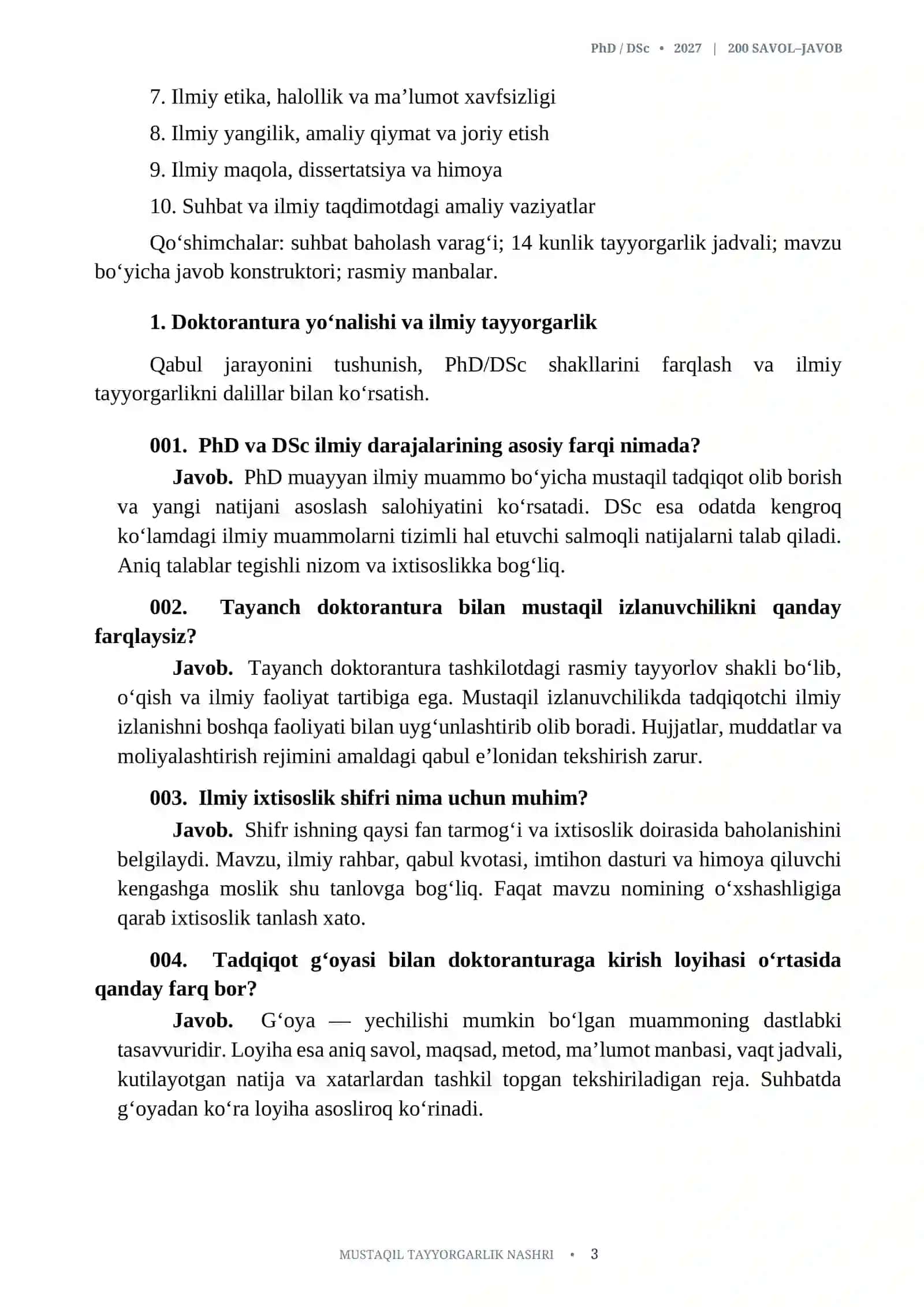 PhD DSc Mustaqil izlanuvchilar uchun 2026-2027-yil 200 TA SUHBAT SAVOL JAVOB 3