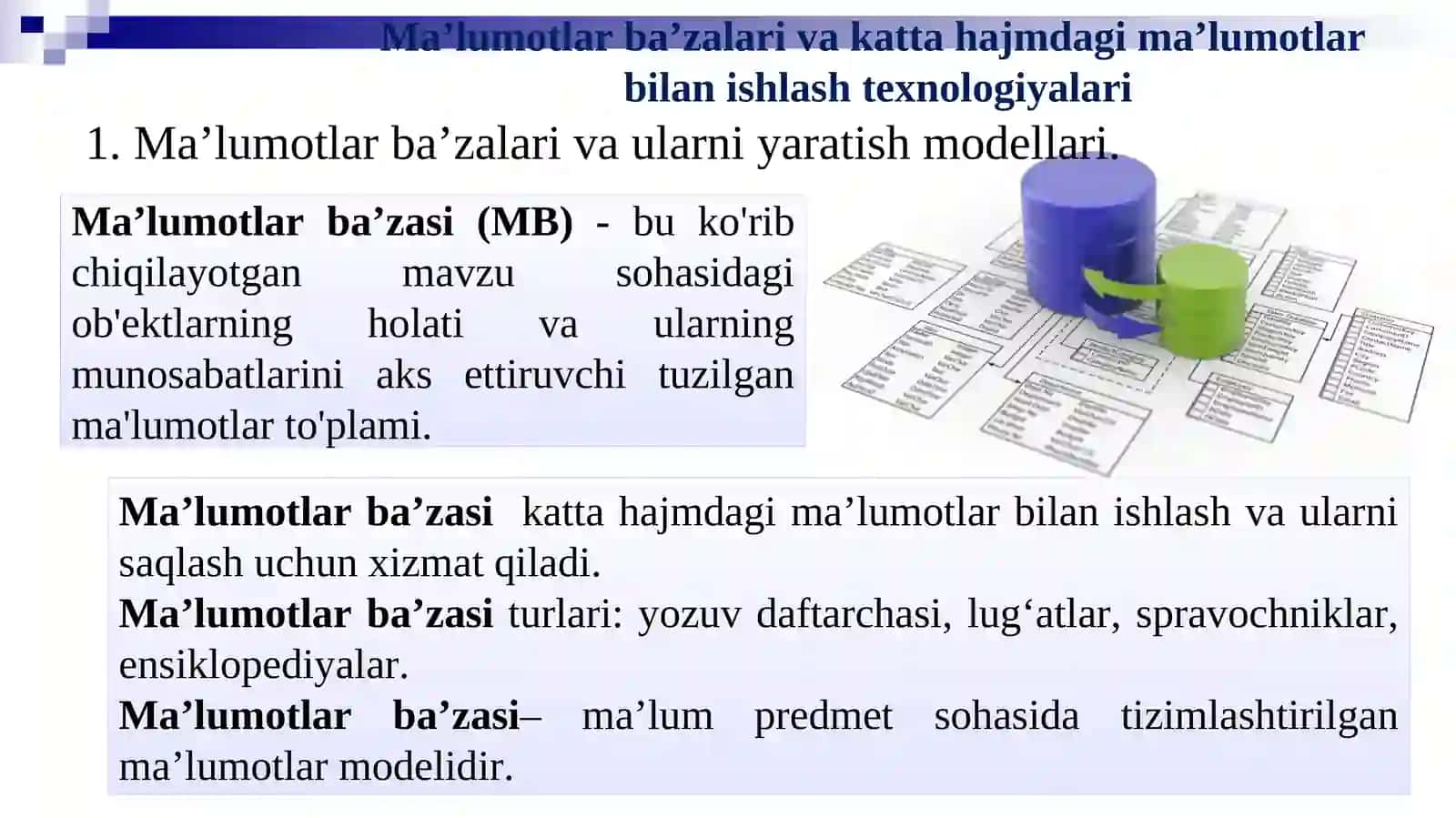 MA’LUMOTLAR BA’ZALARI VA BIG DATA BILAN ISHLASH TEXNOLOGIYALARI 3