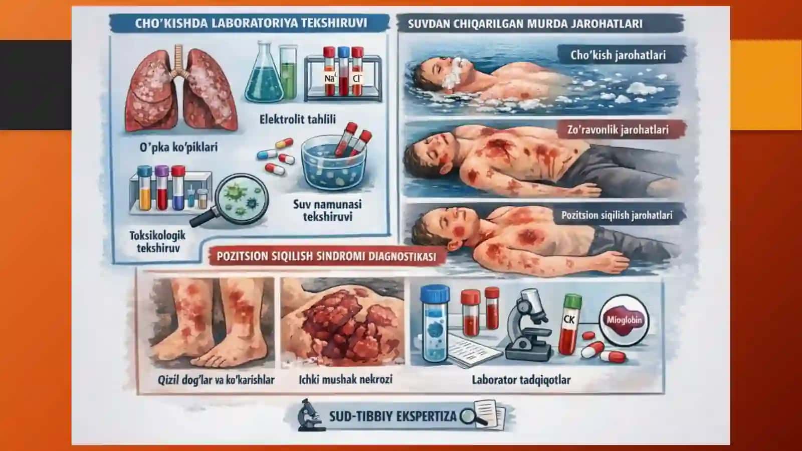 Cho‘kishda laboratoriya tekshiruvi usullari. Suvdan chiqarib olingan murdadagi jarohatlarning differensial diagnostikasi.  Pozitsion siqilish sindromining sud-tibbiy diagnostikasi. 3