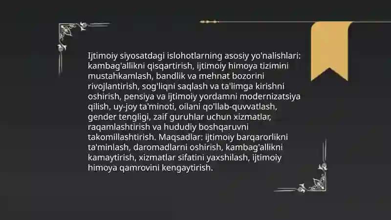 Oʻzbekiston ijtimoiy sohada amalga oshirilayotgan oʻzgarishlar mazmun mohiyati 3