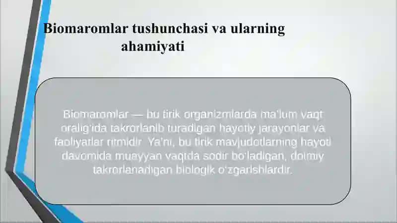 Biomaromlar va tirik organizmlarning hayotiy shakllari. Vaqt ekologik omili. O'simlik va hayvonlardagi sutkalik, oylik va yillik maromlari. 3