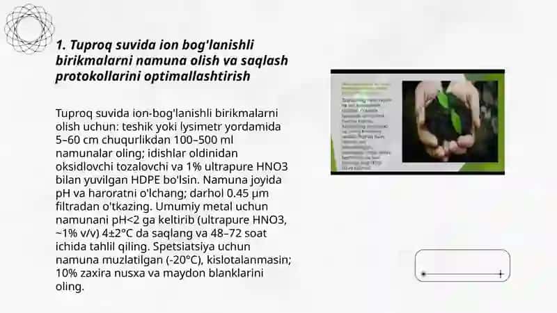 Tuproq suvining ifloslanishida ion bog'lanishli birikmalarni aniqlab ulardan tozalash g'oyasini ishlab chiqish 3