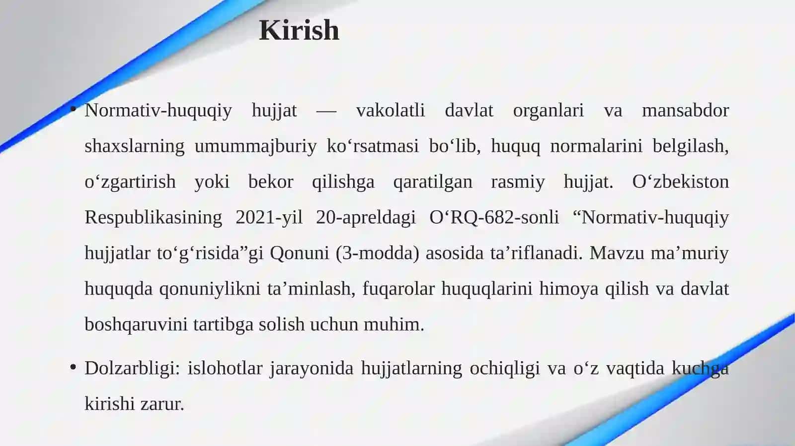 Normativ-huquqiy hujjatlarning e’lon qilinishi, kuchga kirishi va amal qilishi. 3