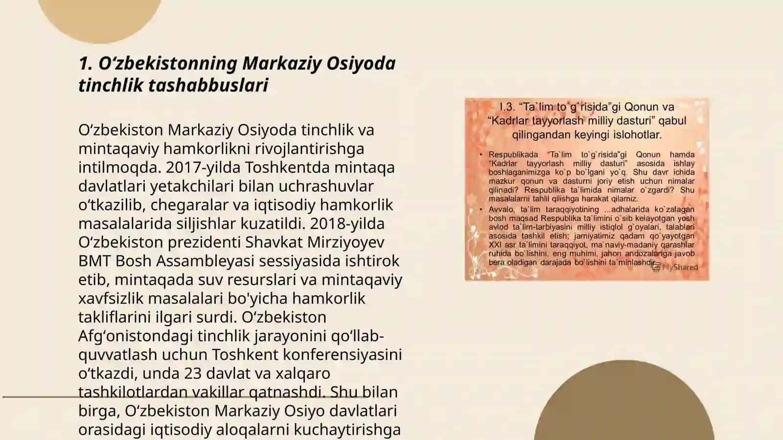 Oʻzbekistonning Markaziy Osiyoda tinchlik va barqarorlikni taʼminlashdagi oʻrni 3