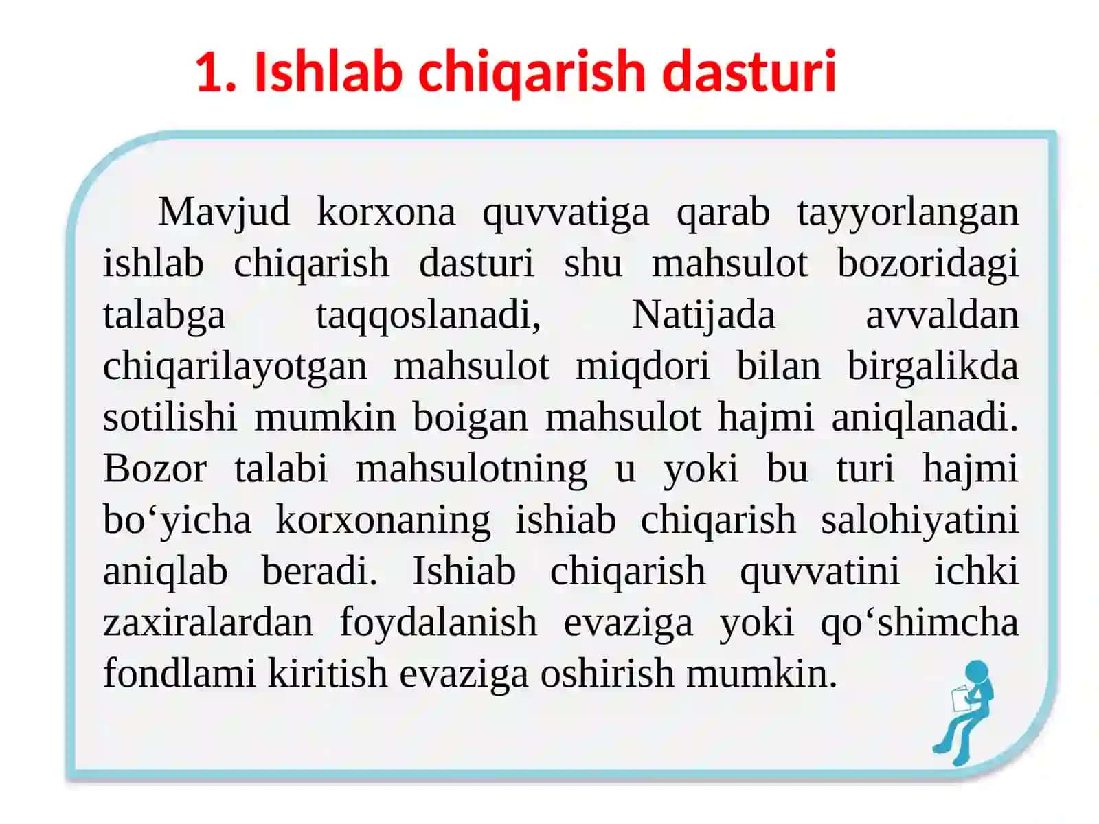 ISHLABCHIQARISHNI REJALASHTIRISH.KORXONA FAOLIYATINI REJALASHTIRISH. BIZNES REJA 3