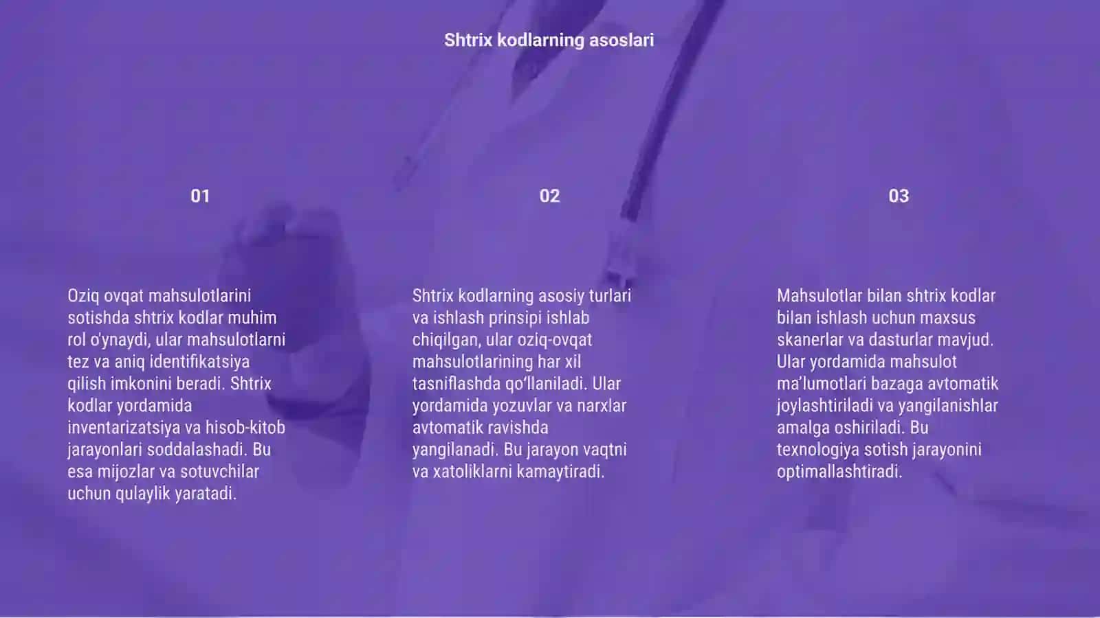 Oziq ovqat mahsulotlarini sotish ishlari shtrix kodlar va ular bilan ishlash 3