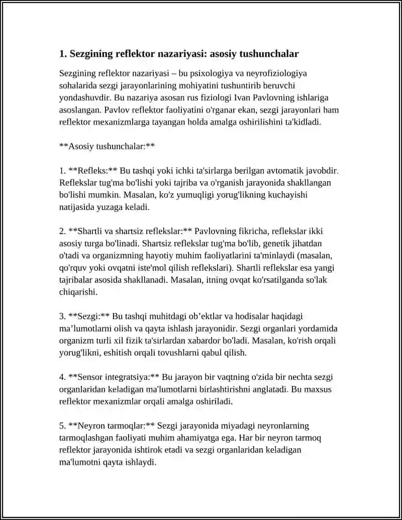 SEZGINING REFLEKTOR VA RETSEPTOR NAZARIYALARI.SEZGILARNING NERV-FIZIOLOGIK ASOSLARI 3