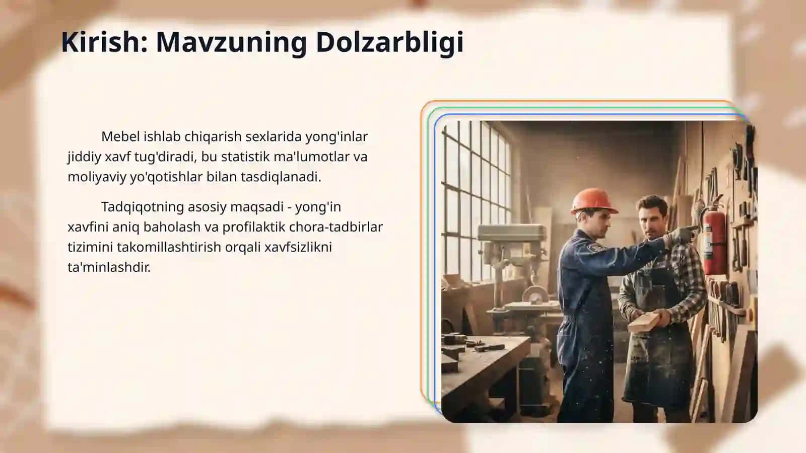 "MEBEL SEXIDA YONG'IN XAFINI BAHOLASH VA YONG'INGA QARSHI PROFILAKTIK CHORALAR TIZIMINI TAKOMILLASHTIRISH" 3