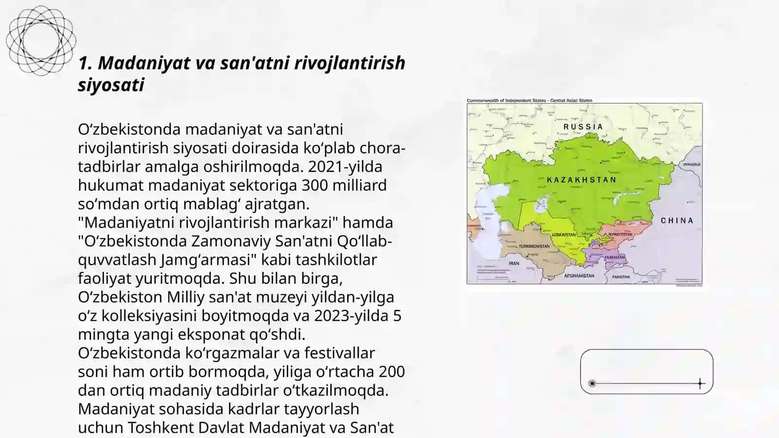 Madaniyat va san'atni rivojlantirish siyosati 3