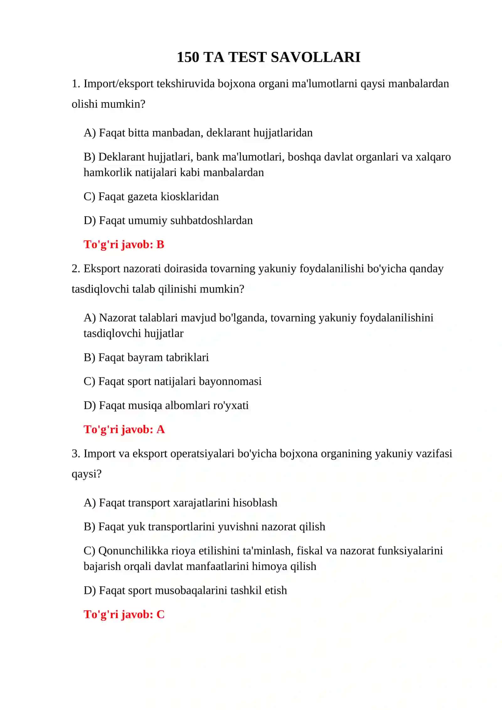 IMPORT NAZORATI TESTLARI 3