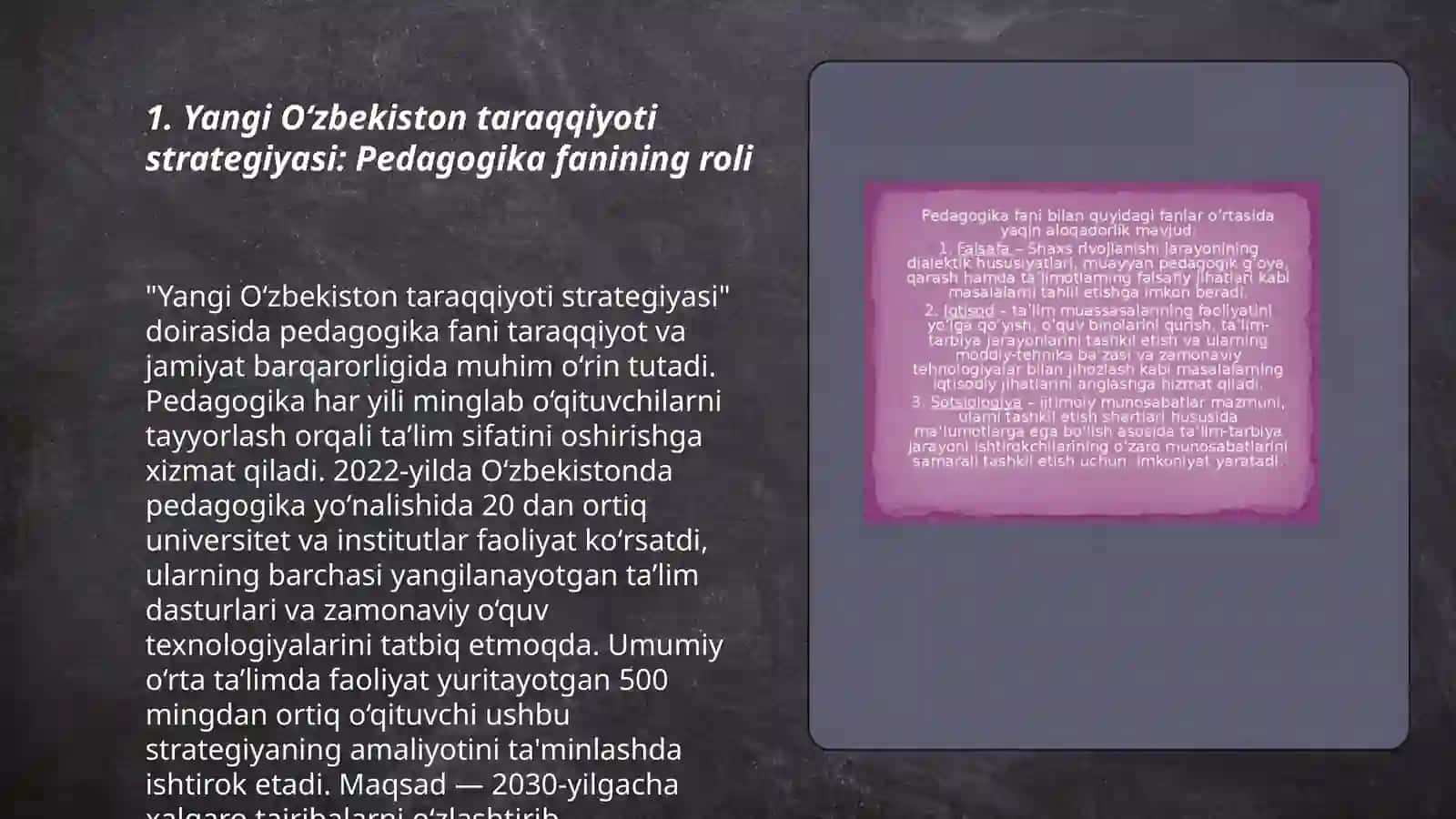 Yangi Oʻzbekiston taraqqiyoti strategiyasi asosida jadal taraqqiyot va yangilanish sari. Pedagogika fan sifatida 3
