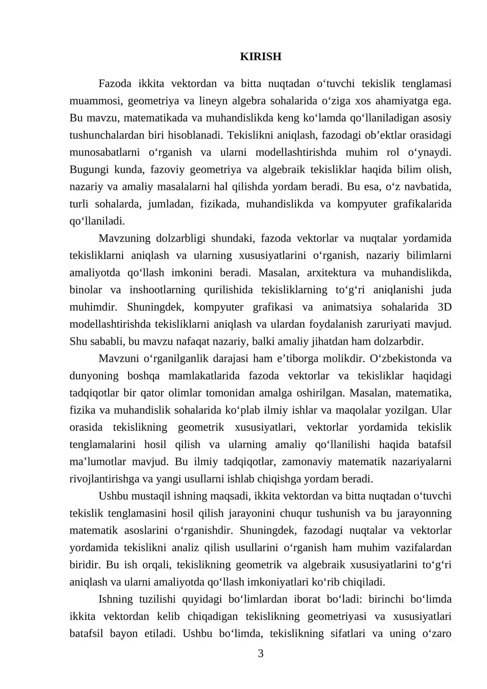 Fazoda ikkita vektordan va bitta nuqtadan oʻtuvchi tekislik tenglamasi 3