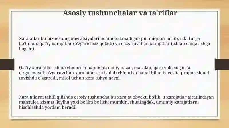 Xarajatlarni doimiy va o'zgaruvchan xarajatlar bo'yicha turkimlash 3