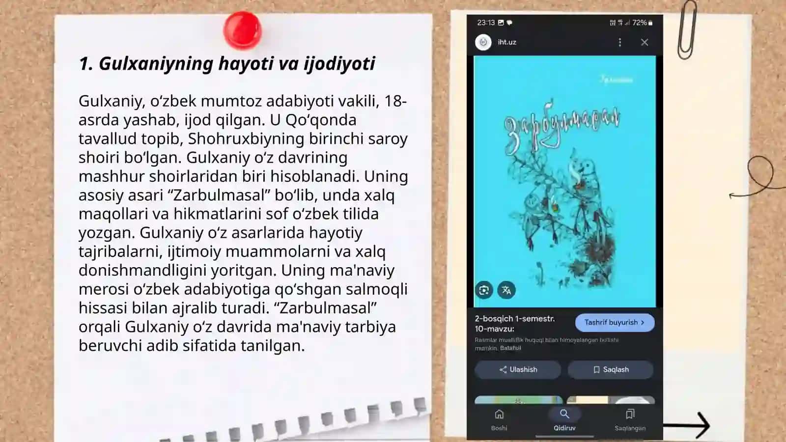 Gulxaniy " Zarbulmasal " asarining gʻoyaviy badiiy xususiyatlari 3