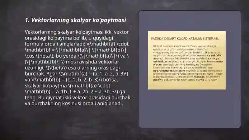 koordinatalari bilan berilgan vektorlarning skalyar vektor va aralasg ko'paytmalar tekislik va fazoda dekart koordinatalar sistemasini almashtirish 3