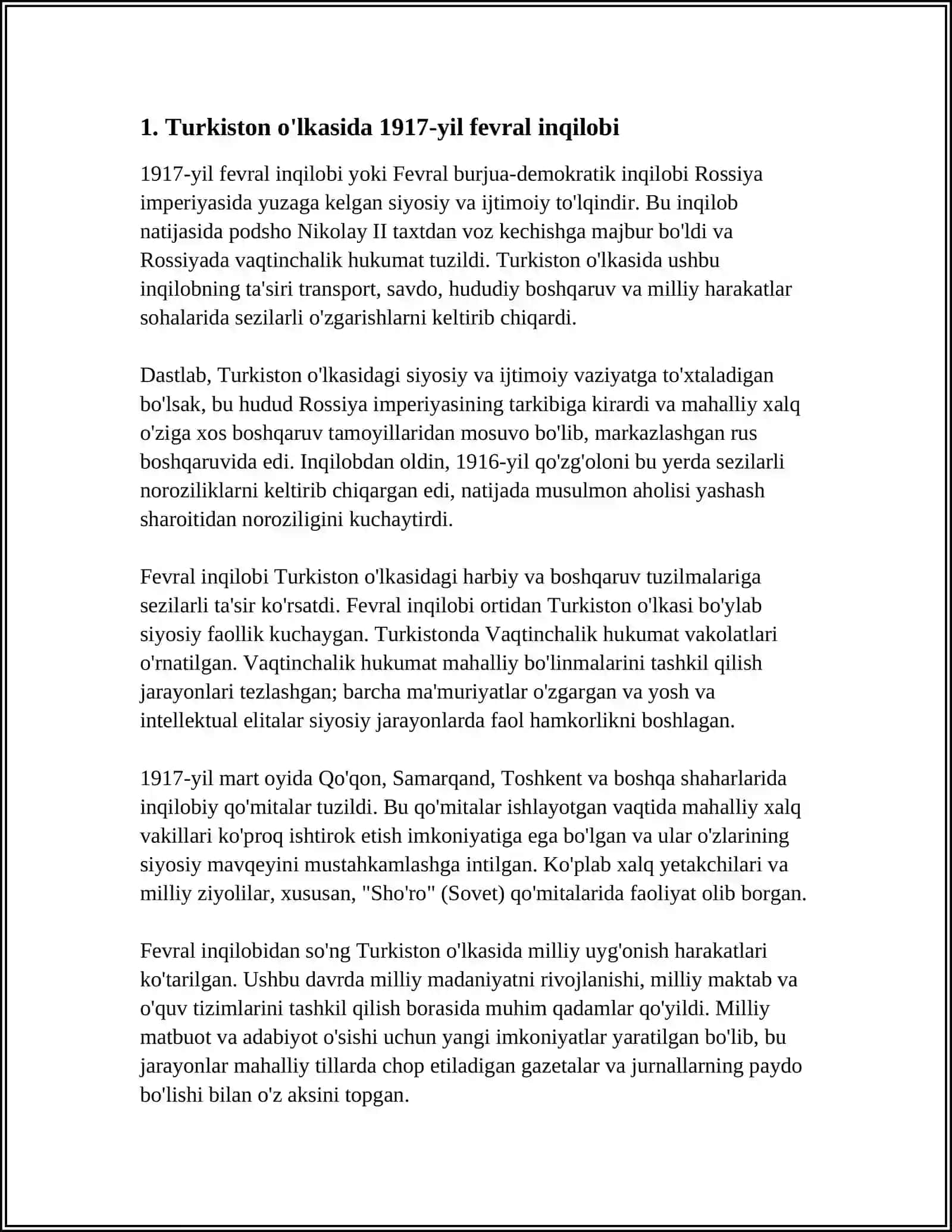 TURKISTON OʻLKASI 1917-YIL FEVRAL-OKTYABR ORALIGʻIDA.TURKISTON MUXTORIYATI 3