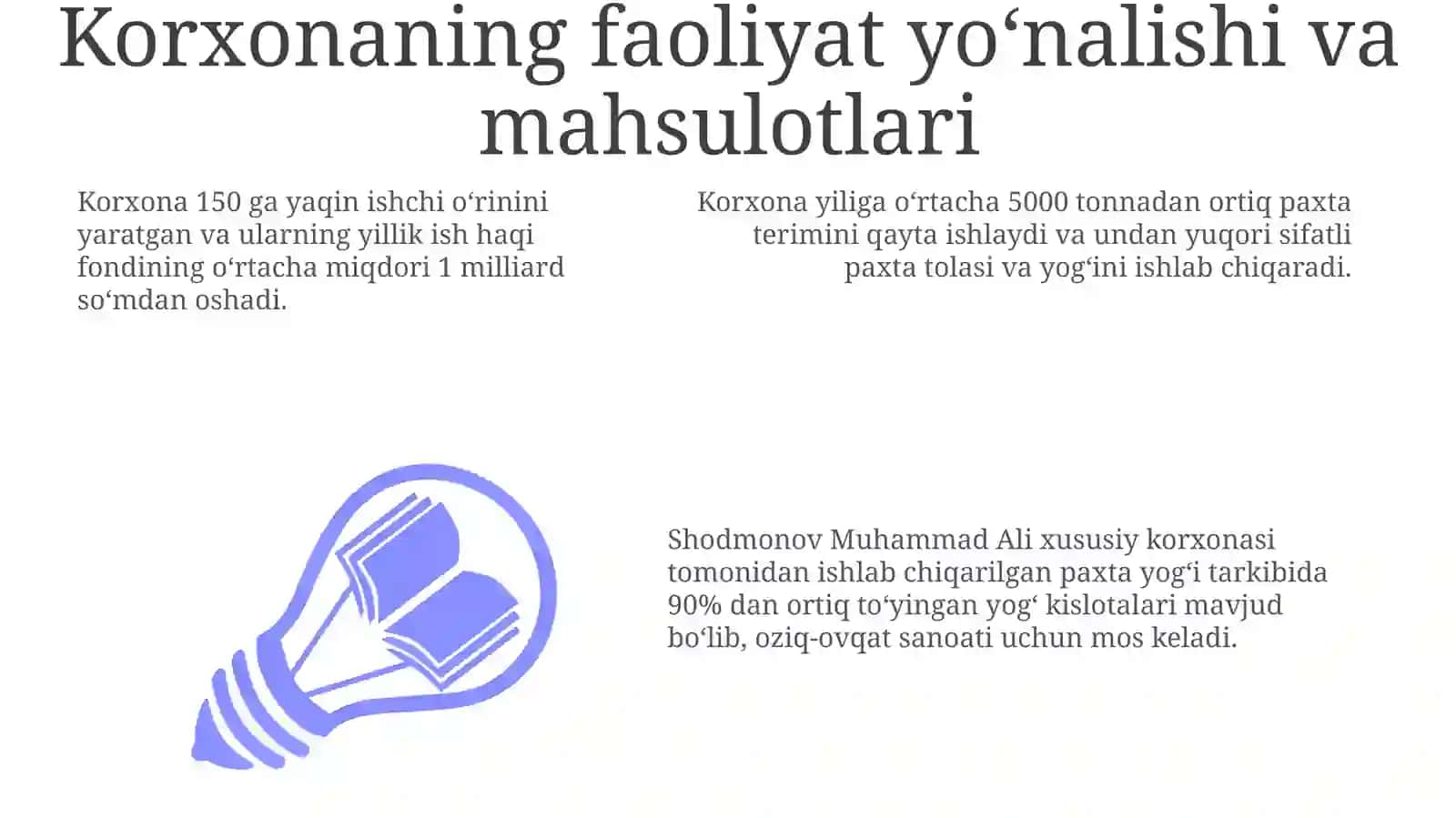 Korxonaning faoliyat yo‘nalishi va mahsulotlari 3
