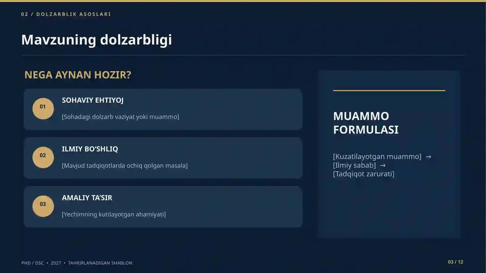 PhD / DSc tanlov taqdimoti uchun professional, tahrirlanadigan 12 slayd 3