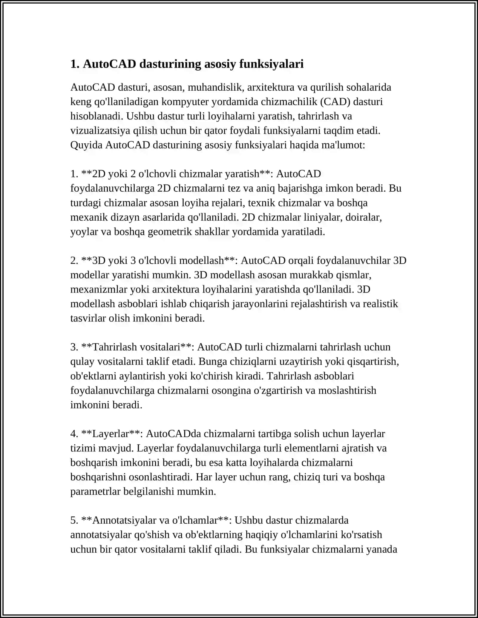 GRAFIK AXBOROTNI KIRITISH, TAHRIRLASH VA CHIQARISHNING DASTURIY VOSITALARI: AVTOCAD DASTURI BILAN ISHLASH 3