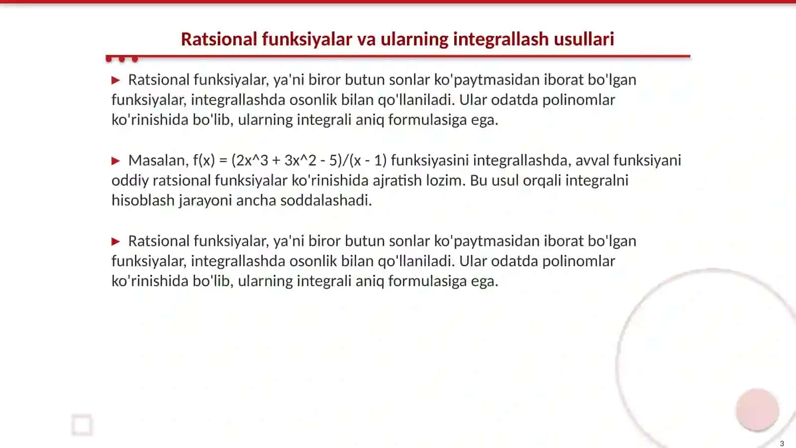 Ratsional va ba’zi irratsional funksiyalarni integrallash 3