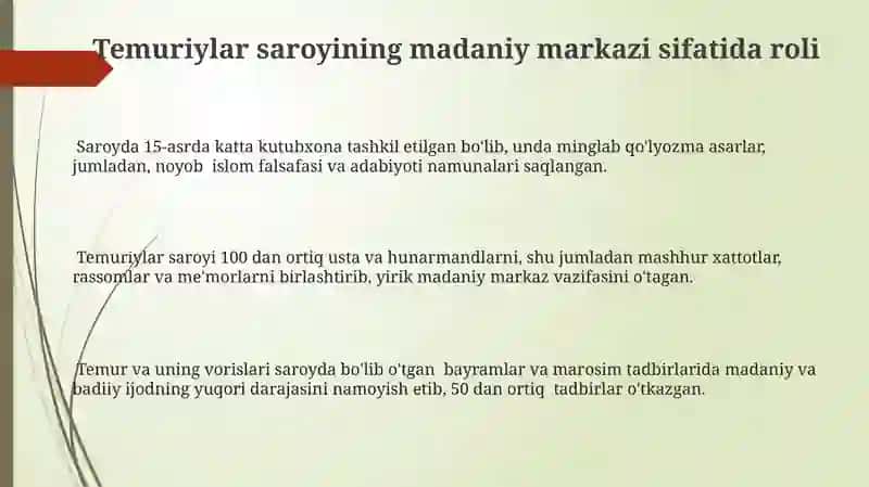 Temuriylar davrida madaniyat va san'atning yuksalishi jarayonlari 3