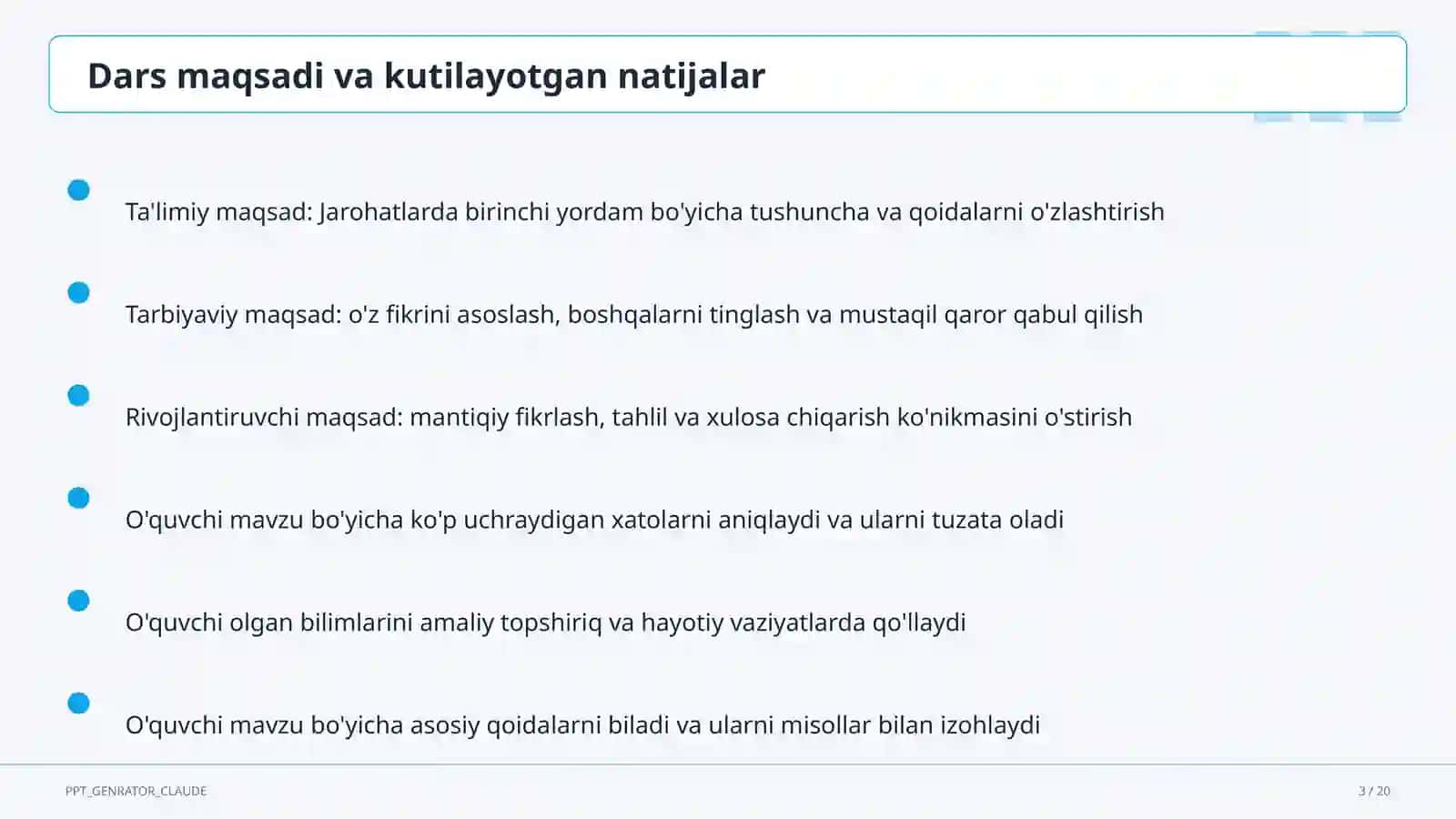 Jarohatlarda birinchi yordam (9-sinf) 3