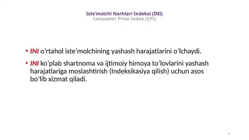 Iste’molchi Narhlari Indeksi(INI)Consumer Price Index (CPI) 3