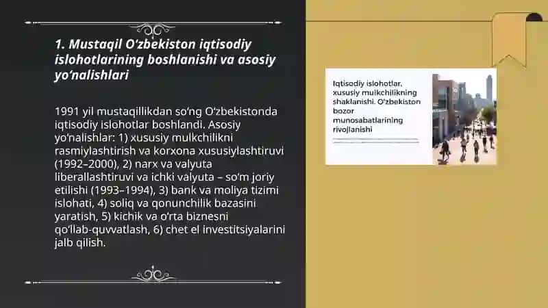 Iqtisodiy islohotlar, xususiy mulkchilikning shakllanishi. O‘zbekistonda bozor munosabatlarining rivojlanishi. 3