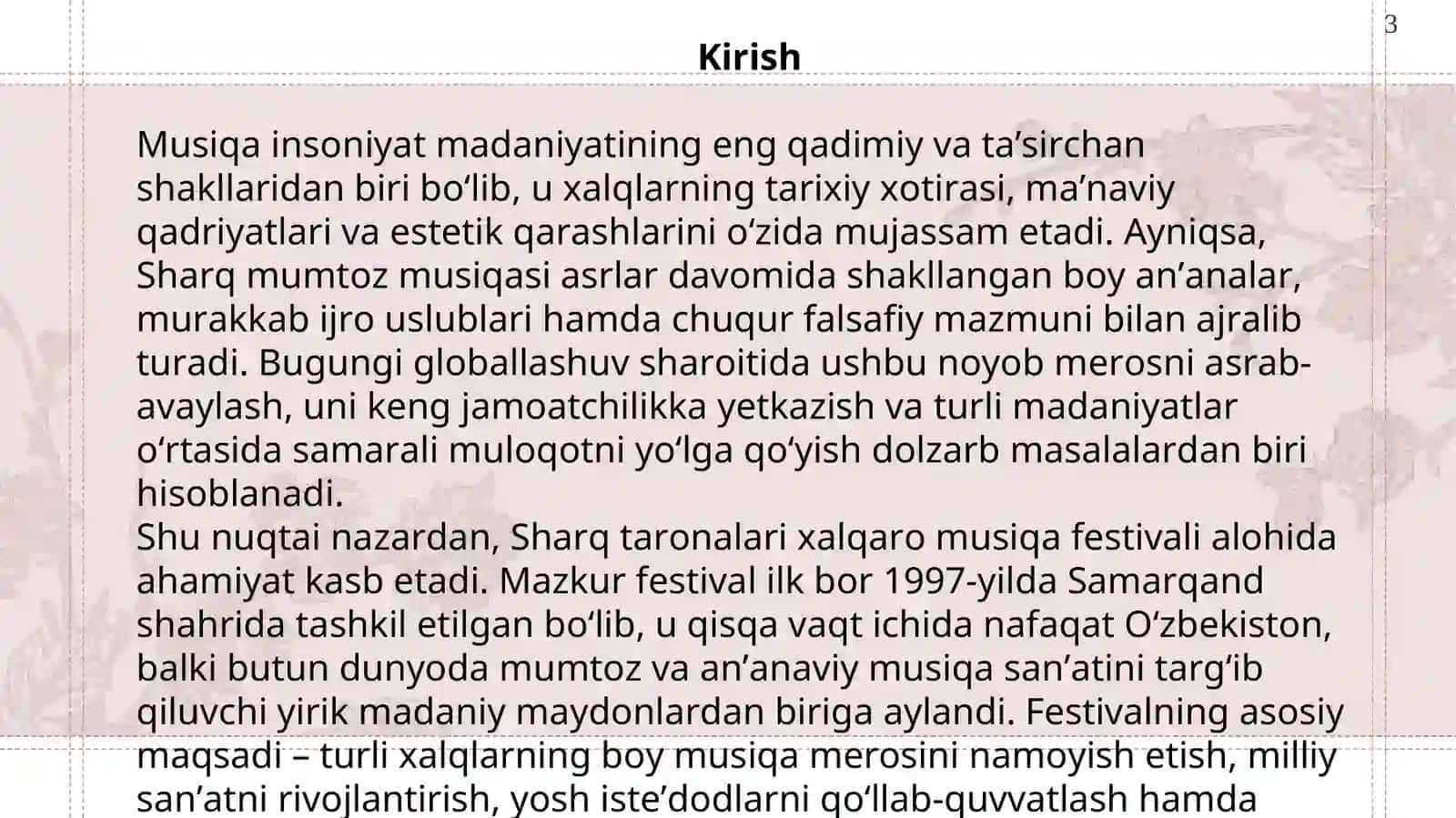 Sharq taronalari xalqaro musiqa festivali dunyo mumtoz musiqasining axborot manbasi sifatida. 3