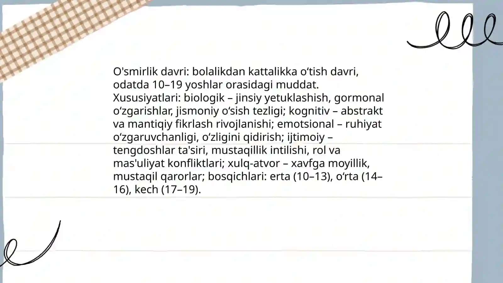 O'smirlik davridagi psixik rivojlanishning umumiy tavsifi karimova asaloy 3