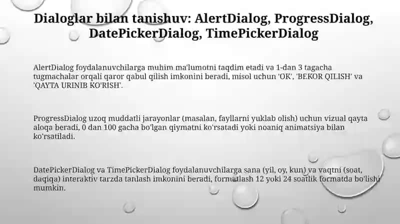 Dialoglar bilan tanishuv: AlertDialog, ProgressDialog, DatePickerDialog va TimePickerDialog 3