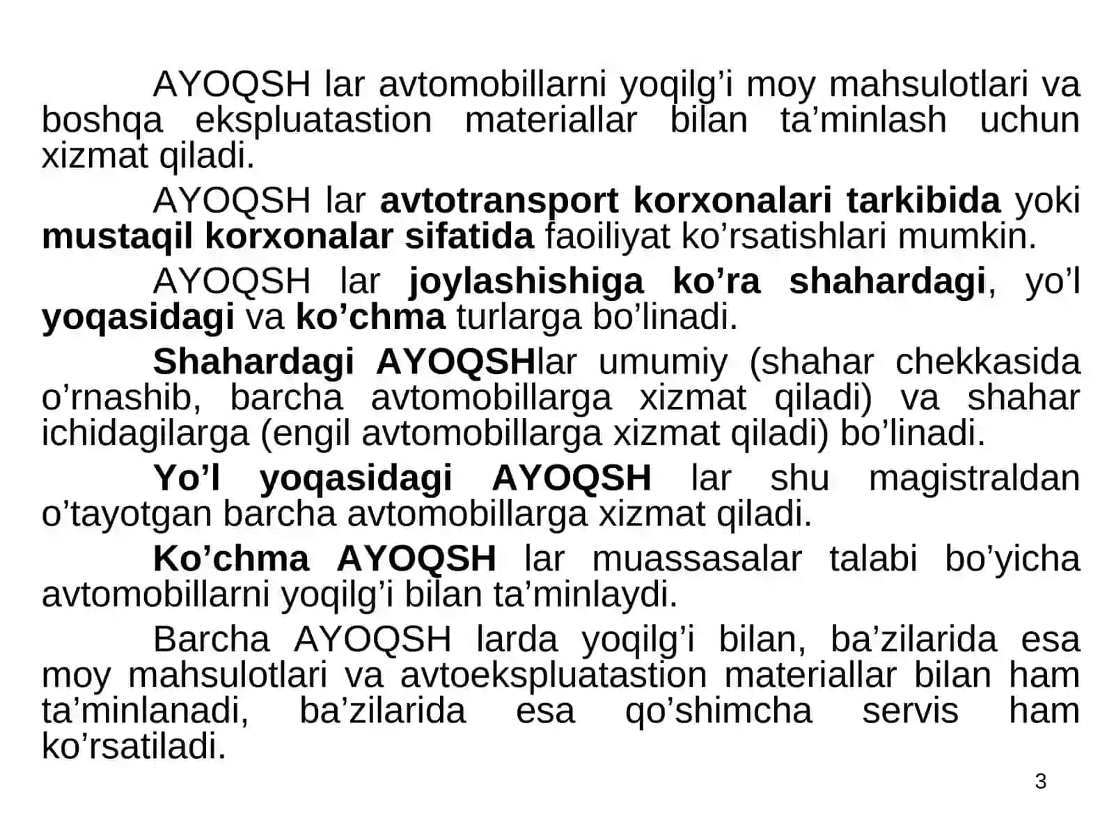 11-mavzuAvtomobillarga yonilg'i quyish shaxobchalari.Yo'lovchilar tashish vokzallari va stansiyalari.Yuk tashish avtomobil stansiyalari 3