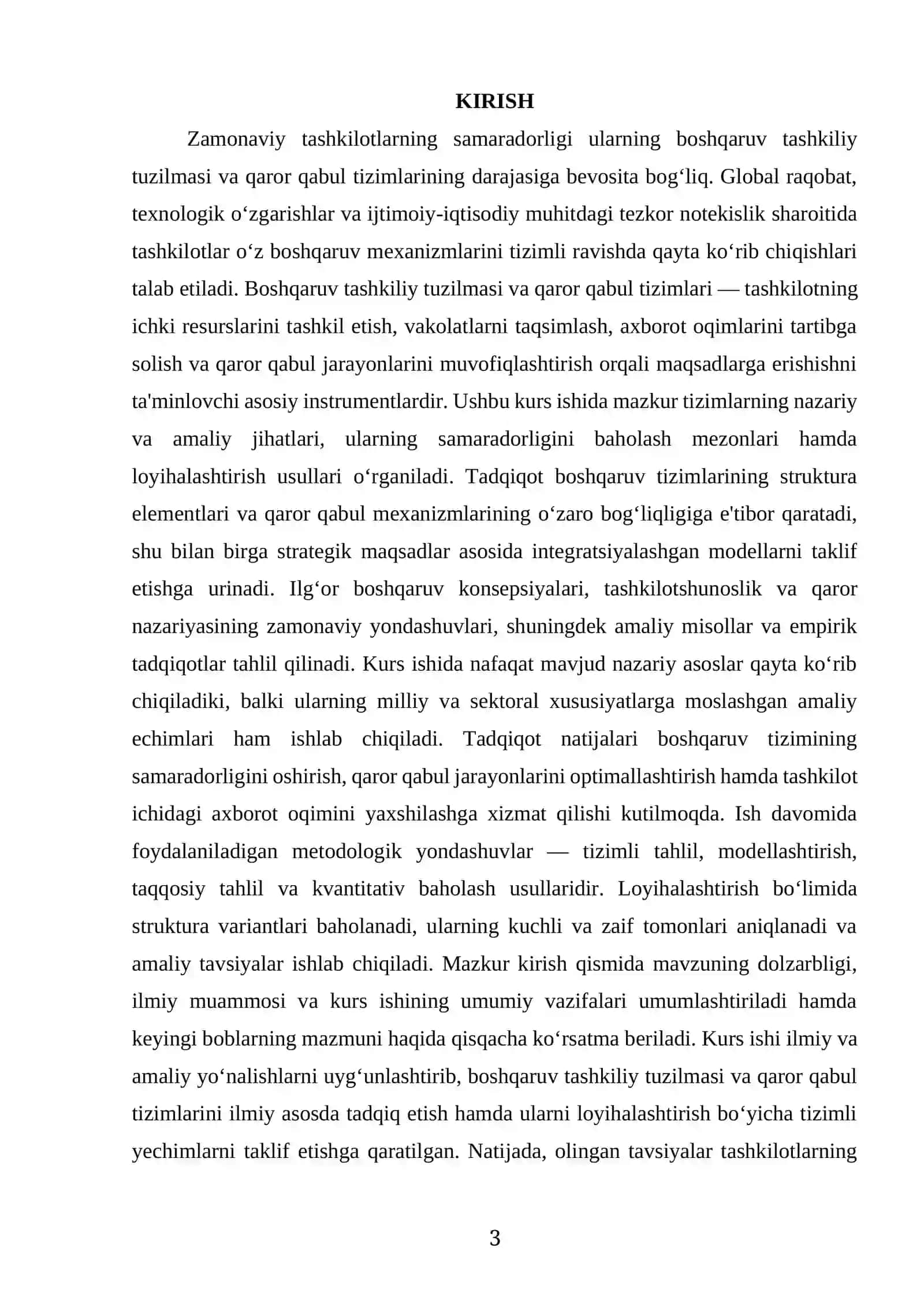 BOSHQARUV TASHKILIY TUZILMASI VA QAROR QABUL TIZIMLARNI TADQIQ QILISH VA LOYIHALASHTIRISH 3